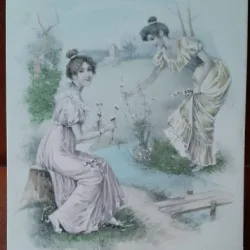 Carte postala, doua prietene, desen, perioada interbelica