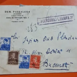 Scrisoare și plic original (1943) – Avocat Dem. Passalega către Ing. Ovid Pleșoianu, Cenzura Militară Craiova și timbre Regele Mihai I
