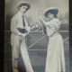Fotografie tip carte postala, circulata, tineri cu rachete de tenis, 1907