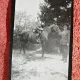 Fotografie tip carte postala, femeie pe cal si militar, perioada interbelica