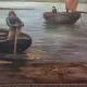 Tablou - Peisaj fluvial cu bărci și pescari, semnat Béatrice, datat 1911